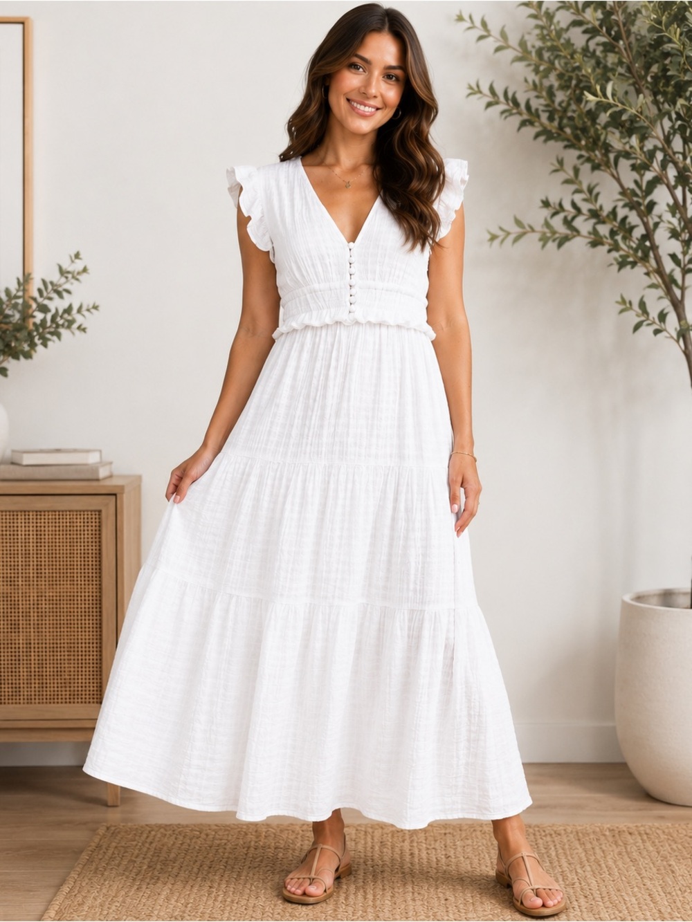 Express White Tiered Maxi Dress Women’s M Coastal Boho Bridal